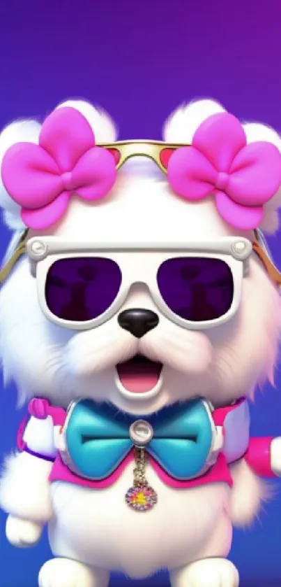 Cartoon puppy with sunglasses and vibrant colors on a blue background.