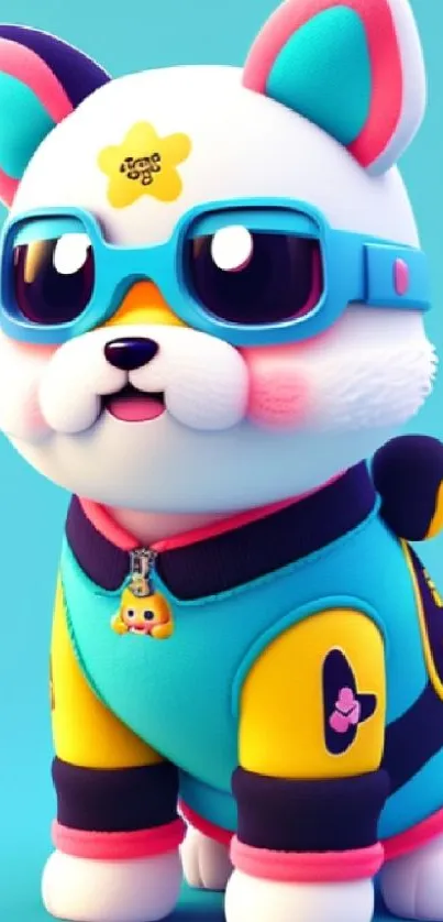 Cute cartoon puppy with sunglasses in a colorful outfit.