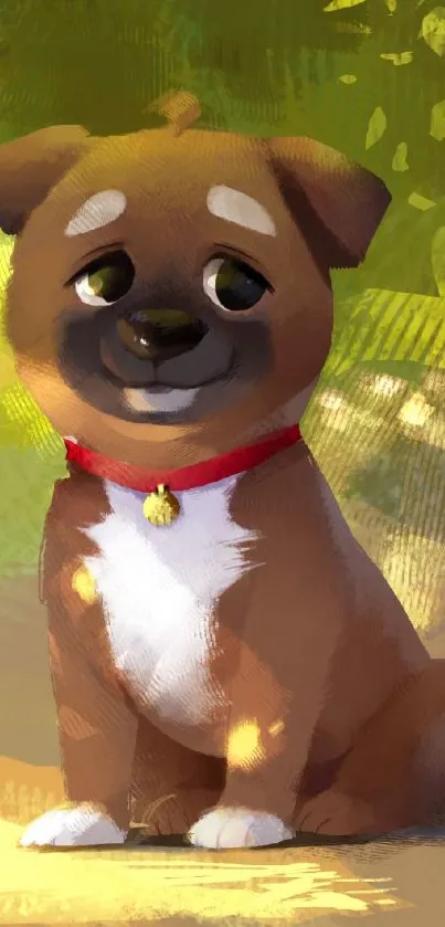 Adorable cartoon puppy sitting with a sunlit forest background.