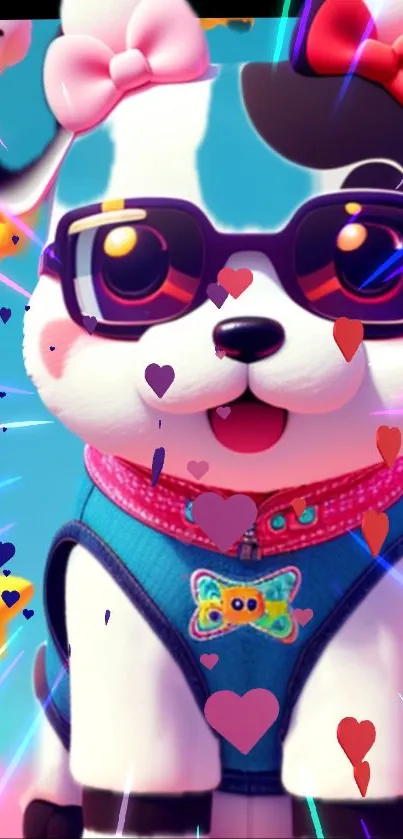 Cartoon puppy in sunglasses with hearts and stars on aqua background.