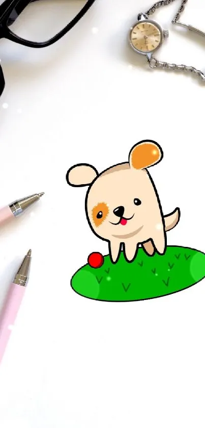 Cute cartoon puppy on a grassy field with glasses and watch nearby.