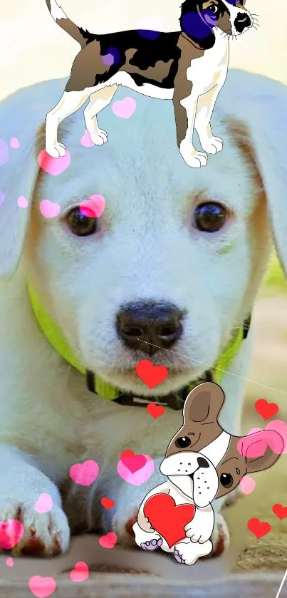 Cute puppy with colorful cartoon dogs and hearts on a wallpaper.