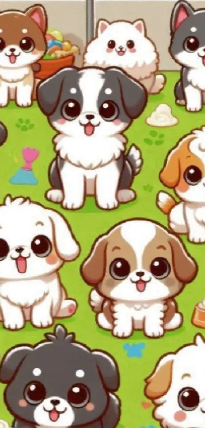 Cartoon puppies on a green background.