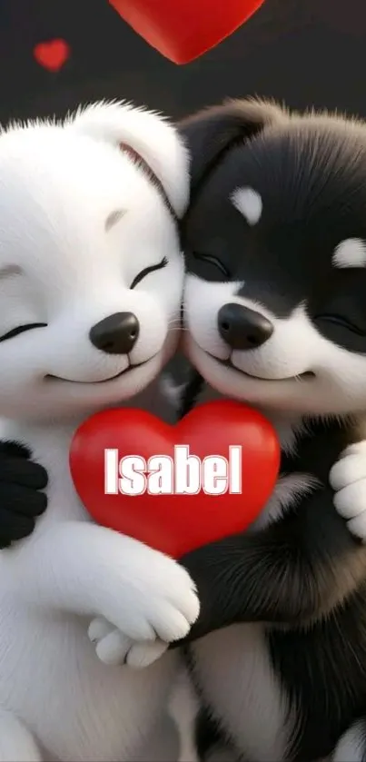 Two cute cartoon puppies hugging with a heart.