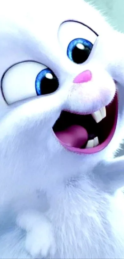 Cute and fluffy white cartoon rabbit with big blue eyes in a playful pose.