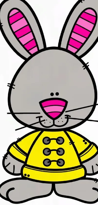 Gray cartoon rabbit in a yellow coat with pink accents.