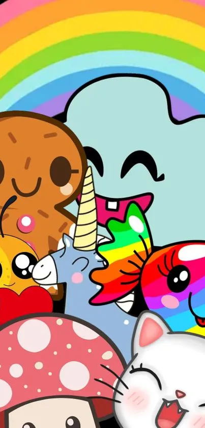 Cute cartoon animals with a colorful rainbow background.