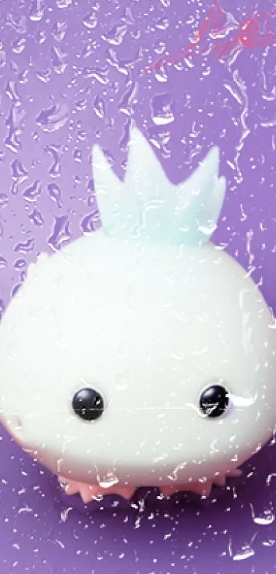 Cute cartoon character with raindrop effect on light purple background.