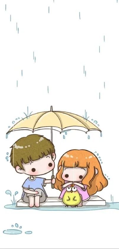 Cute cartoon kids under umbrella in rain.