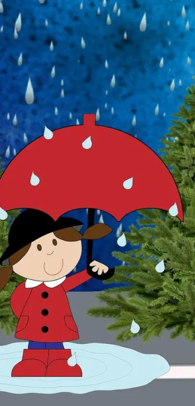 Cute cartoon child with red umbrella in a blue rainy forest.