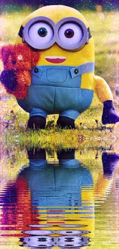 Cartoon character hugging a teddy with vibrant reflection on grass.