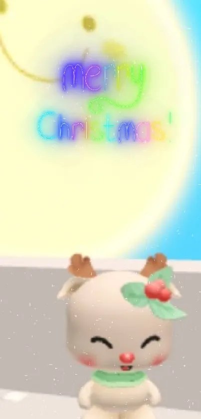 Cute cartoon reindeer with smiling sun in blue sky wallpaper.
