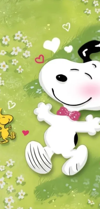Cartoon characters relaxing on green field wallpaper.