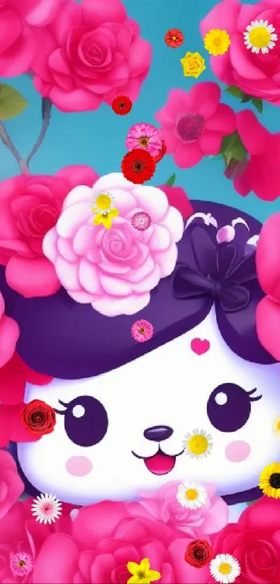 Adorable cartoon face surrounded by vibrant pink roses.