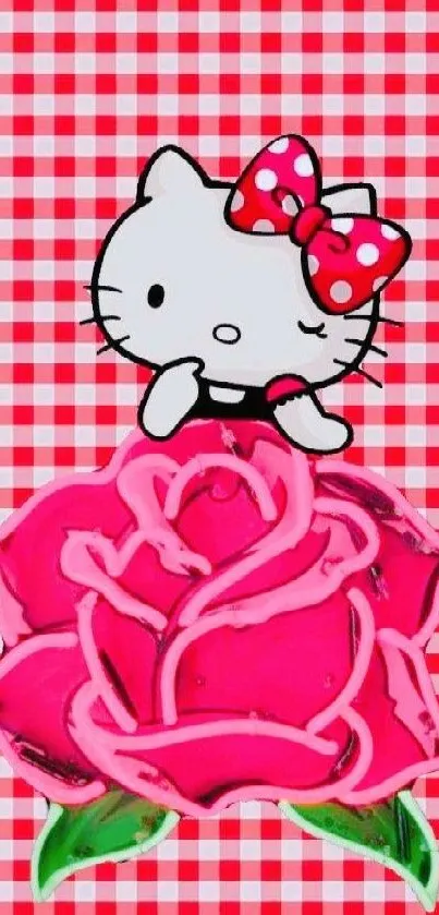 Cute cartoon character with rose on red checkered background wallpaper.