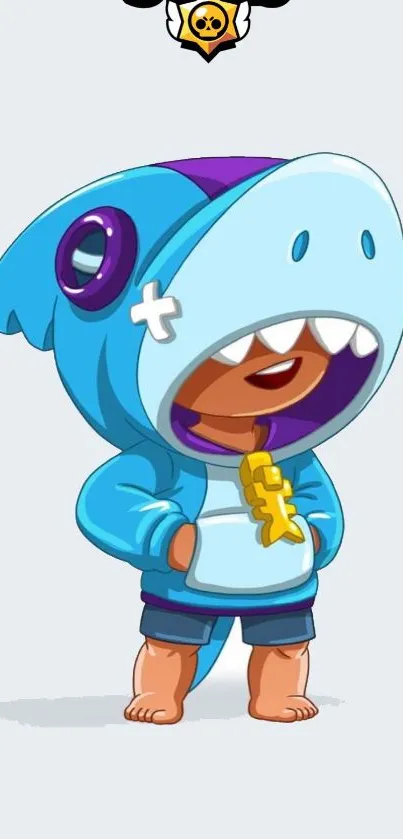 Cartoon character in a cute blue shark hoodie, perfect as a mobile wallpaper.