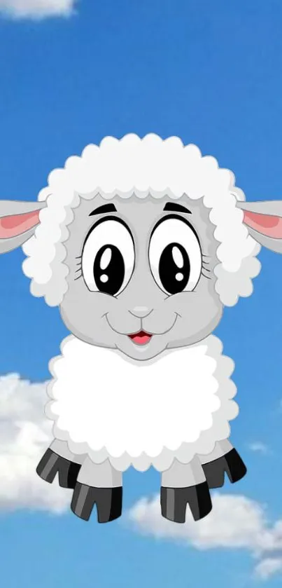 Cute cartoon sheep with blue sky and clouds.