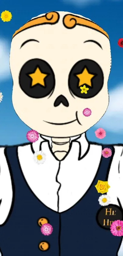 Cute cartoon skull with star eyes and flowers on a blue sky background.