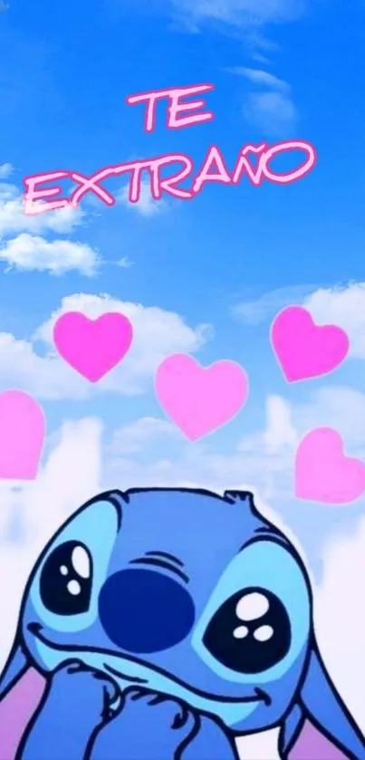 Cute blue cartoon character with pink hearts in the sky.