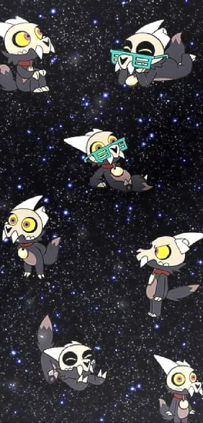 Cute cartoon creatures float in a starry space-themed mobile wallpaper.