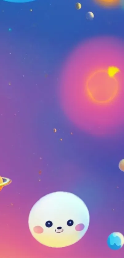 Cute cartoon space wallpaper with planets and stars.