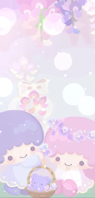 Cute pastel wallpaper with floral cartoon characters.