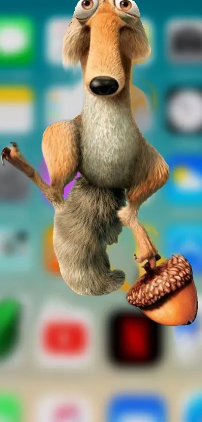 Cartoon squirrel holding acorn on blurred phone background.