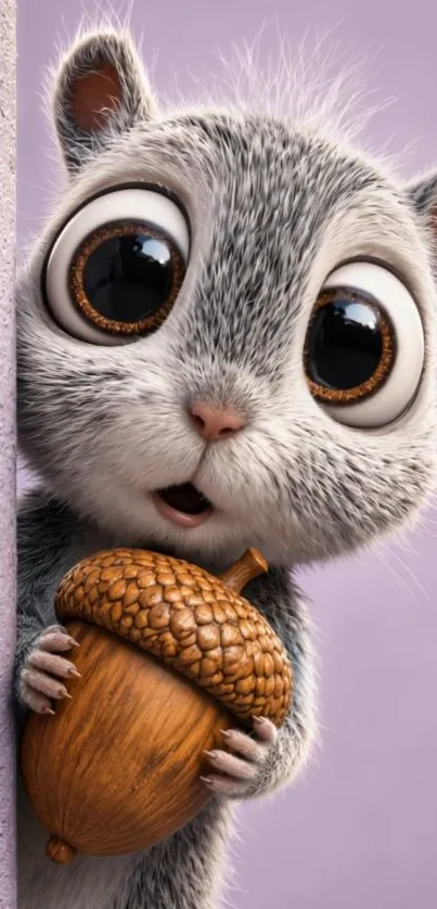 Cute cartoon squirrel holding an acorn on purple background.
