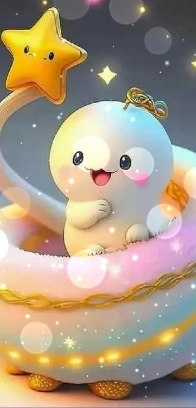 Cute cartoon creature holding a star wand in pastel colors.