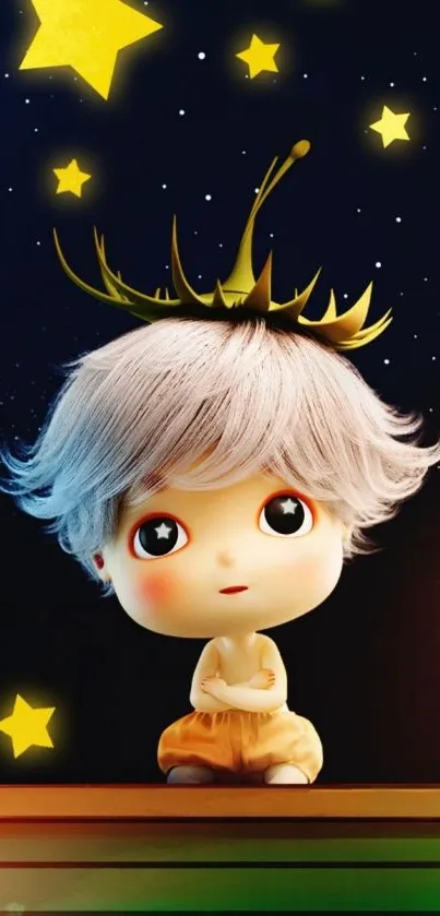 Cute cartoon child with crown under starry sky wallpaper.