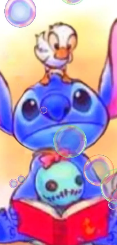 Cute cartoon with Stitch reading and bubbles, perfect for mobile wallpaper.