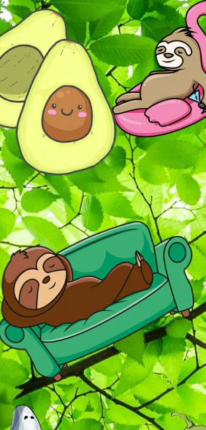 Colorful wallpaper with cartoon sloths and avocados on green leaves.