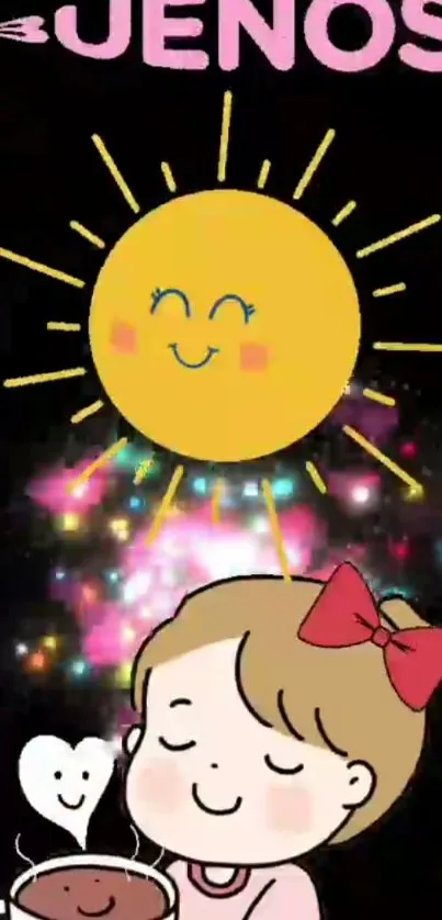 Cute cartoon wallpaper with sun and smiling child on a dark background.