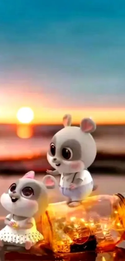 Cute cartoon animals enjoying a sunset at the beach with a glowing jar.