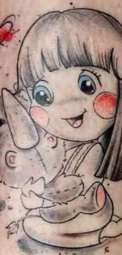 Cute cartoon tattoo of a girl with a rhino, hearts in soft pink tones.