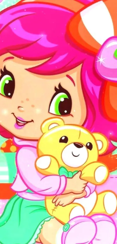 Cute girl with pink hair hugging a teddy bear on a colorful background.