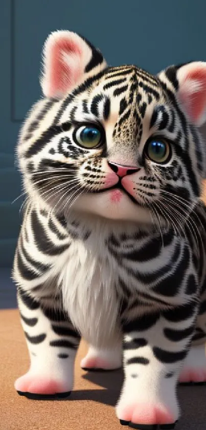 Adorable cartoon tiger cub with pink paws and striking stripes on wallpaper.