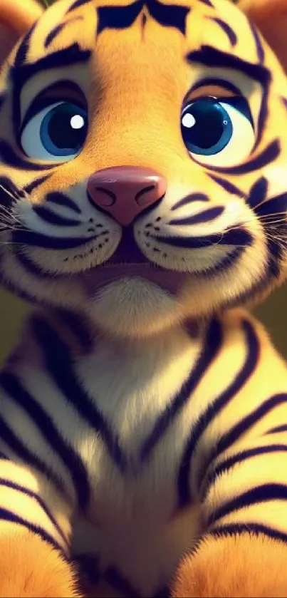 Cute cartoon tiger cub with blue eyes and fluffy fur on mobile wallpaper.