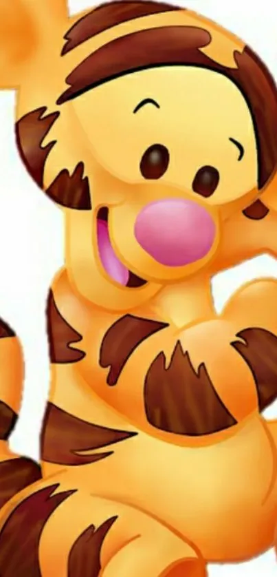 Playful cartoon tiger with orange and brown stripes on a white background.