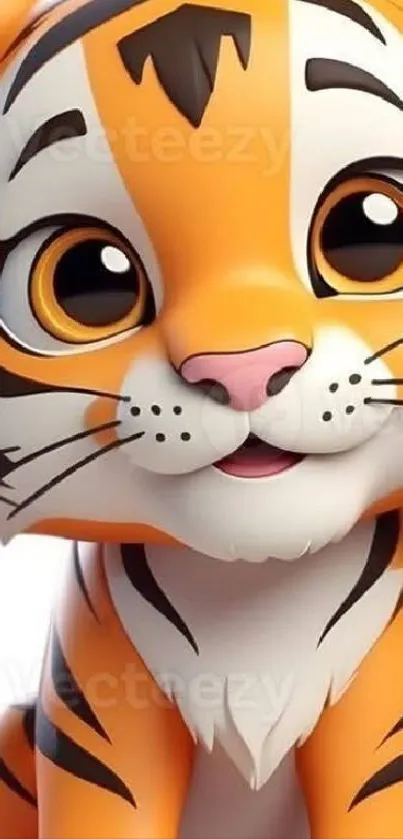 Animated cute tiger with big eyes and playful expression.