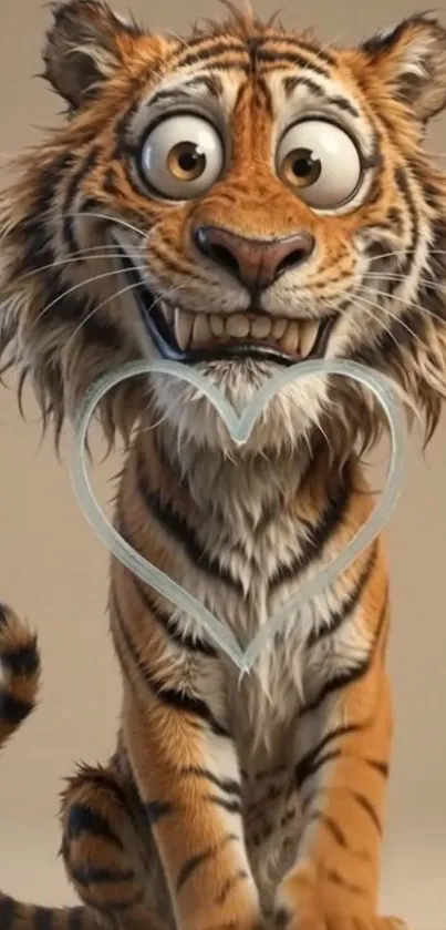 Adorable cartoon tiger with playful expression and heart shape.