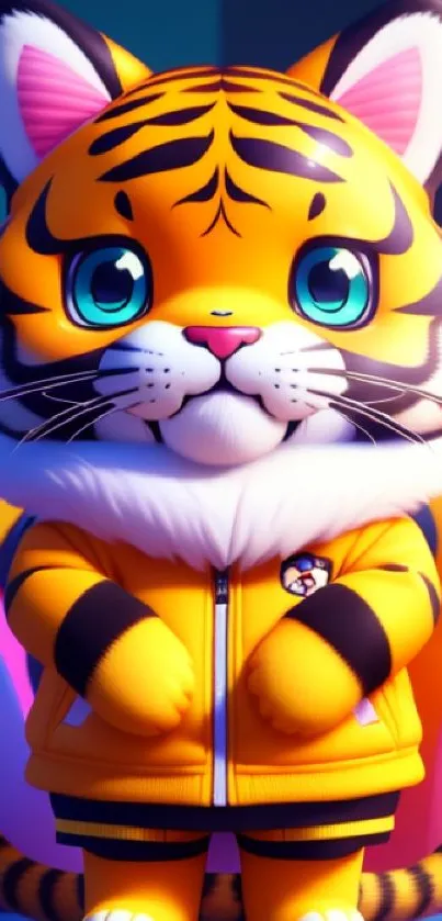 Cute cartoon tiger in a colorful setting, perfect for a mobile wallpaper.