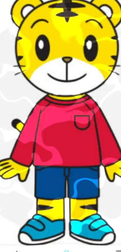 Cute cartoon tiger in red shirt and blue shorts on wallpaper.