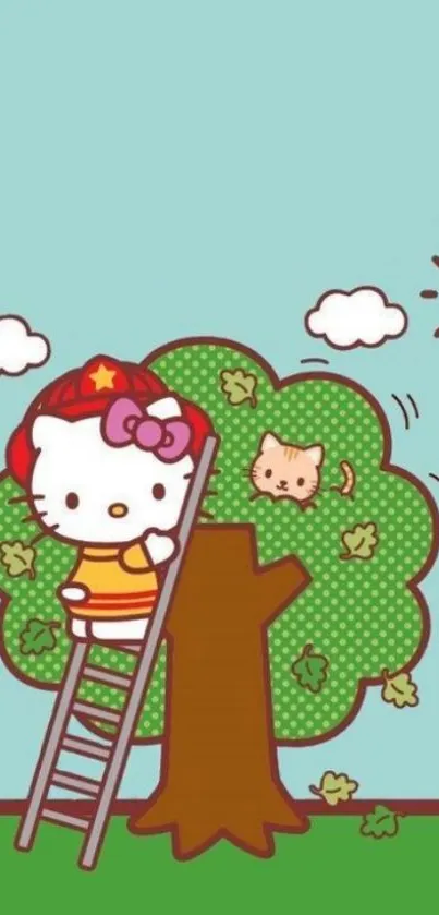 Cartoon character climbs tree to reach playful kitten.