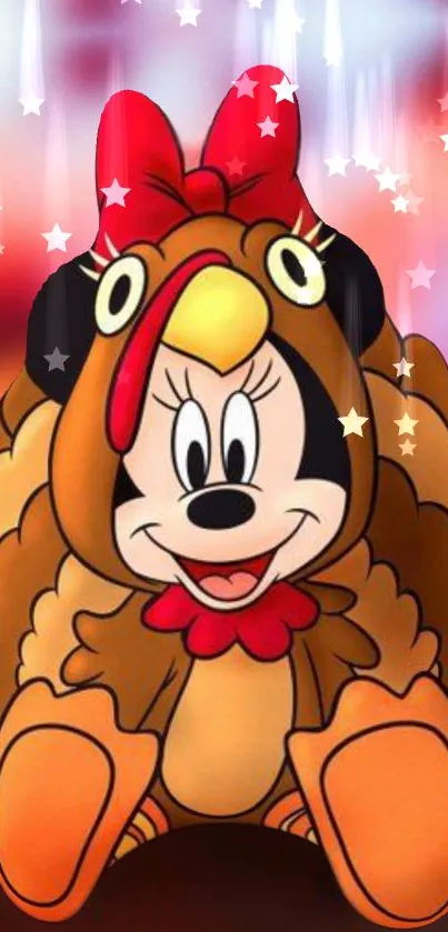 Cartoon character in a cute turkey costume with colorful background.