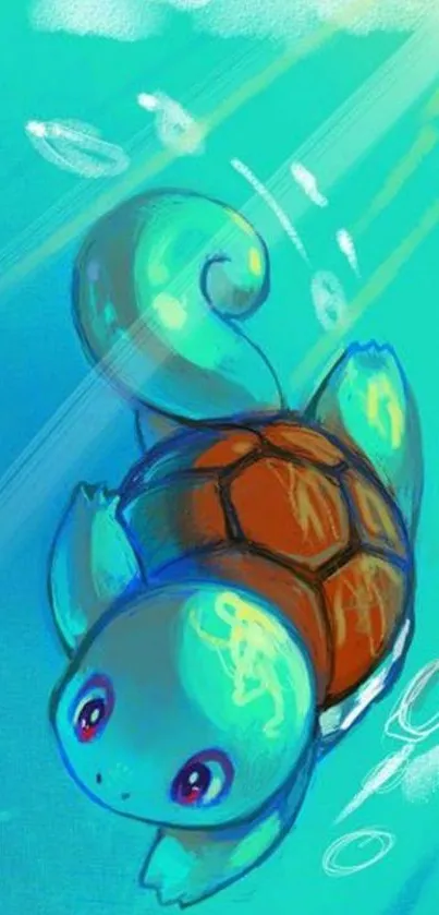 A cute cartoon turtle swimming in a vibrant blue underwater scene.