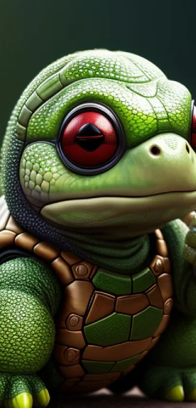 Adorable cartoon turtle with big eyes and green shell.