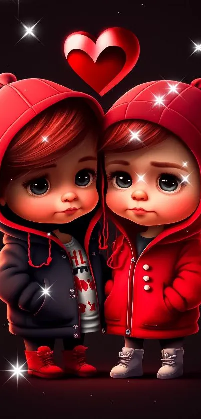 Cartoon twins in red and dark hoodies with a heart above.