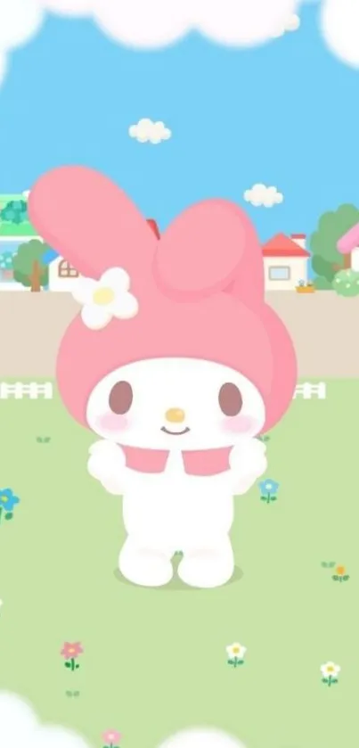 Cute cartoon character in a bright village setting with pink and blue colors.