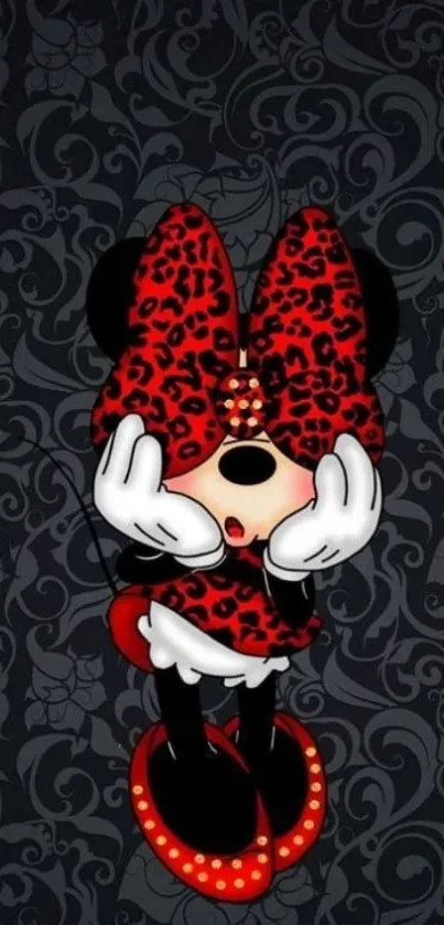 Minnie cartoon character with red outfit on a black patterned background.